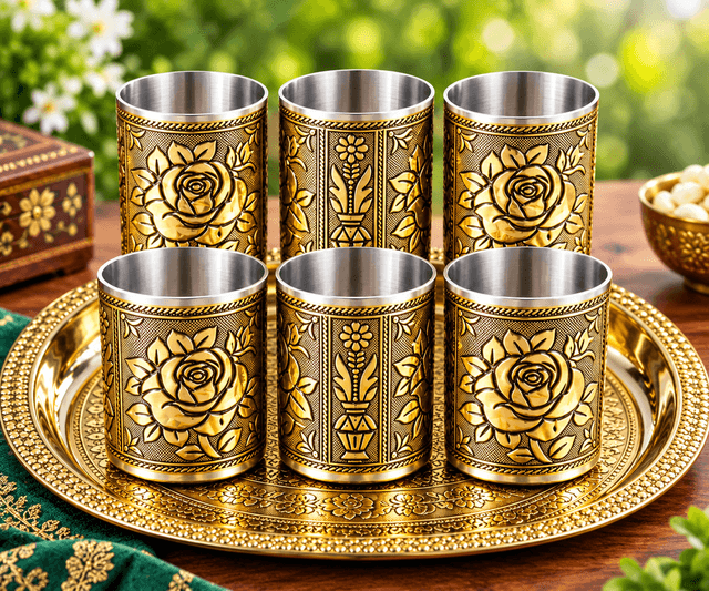 Royal Golden Engraved Stainless Steel Glass Set with Tray – 6 Pieces